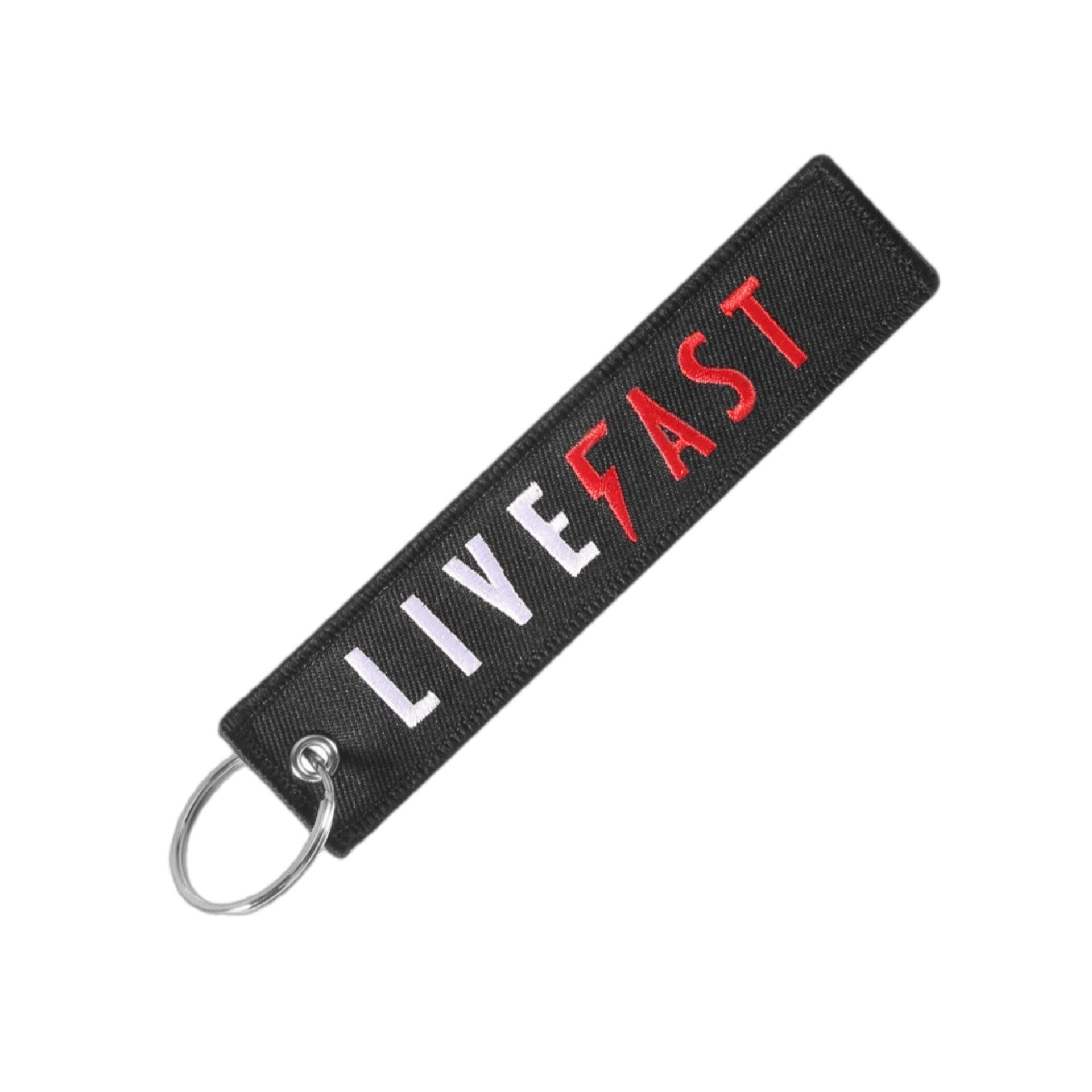 Live Fast Motorcycle Embroidered Keychain Tag Double Sided Black Background Limited Edition