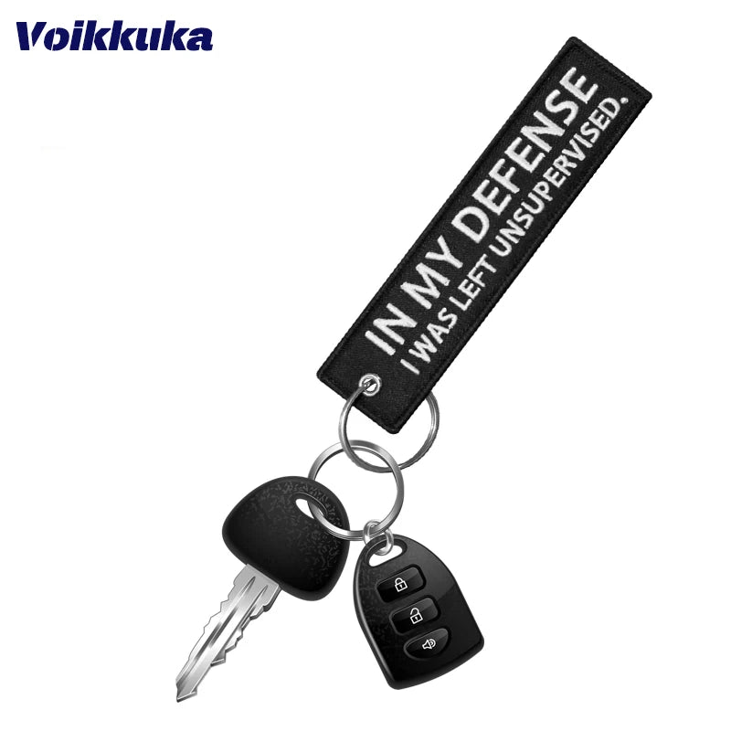 Funny Embroidered Keychain Tag – In My Defense Quote