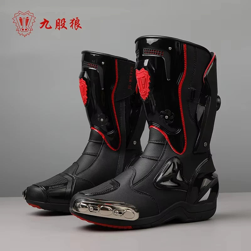 D111-Black Color Men’s Motorcycle Riding Boots With Metal Toe Cap