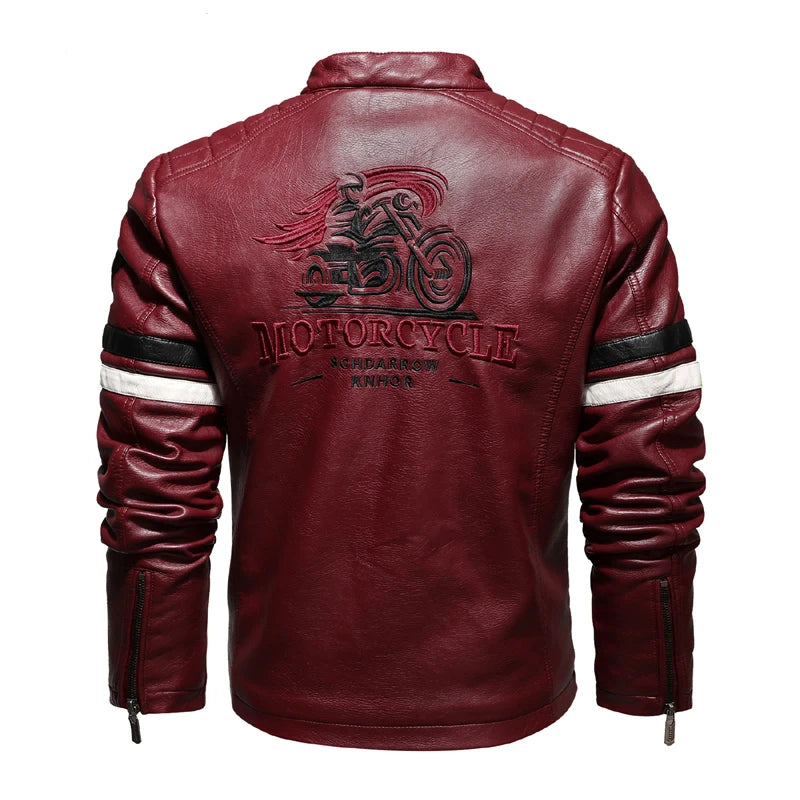 Men's PU Leather Biker Jacket With Embroidered Panels
