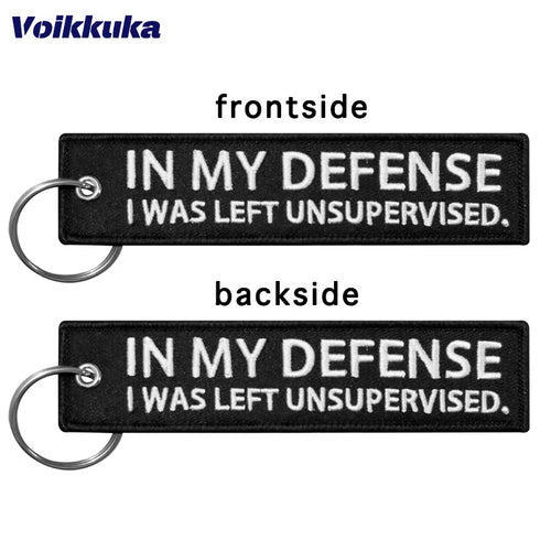 Funny Embroidered Keychain Tag – In My Defense Quote
