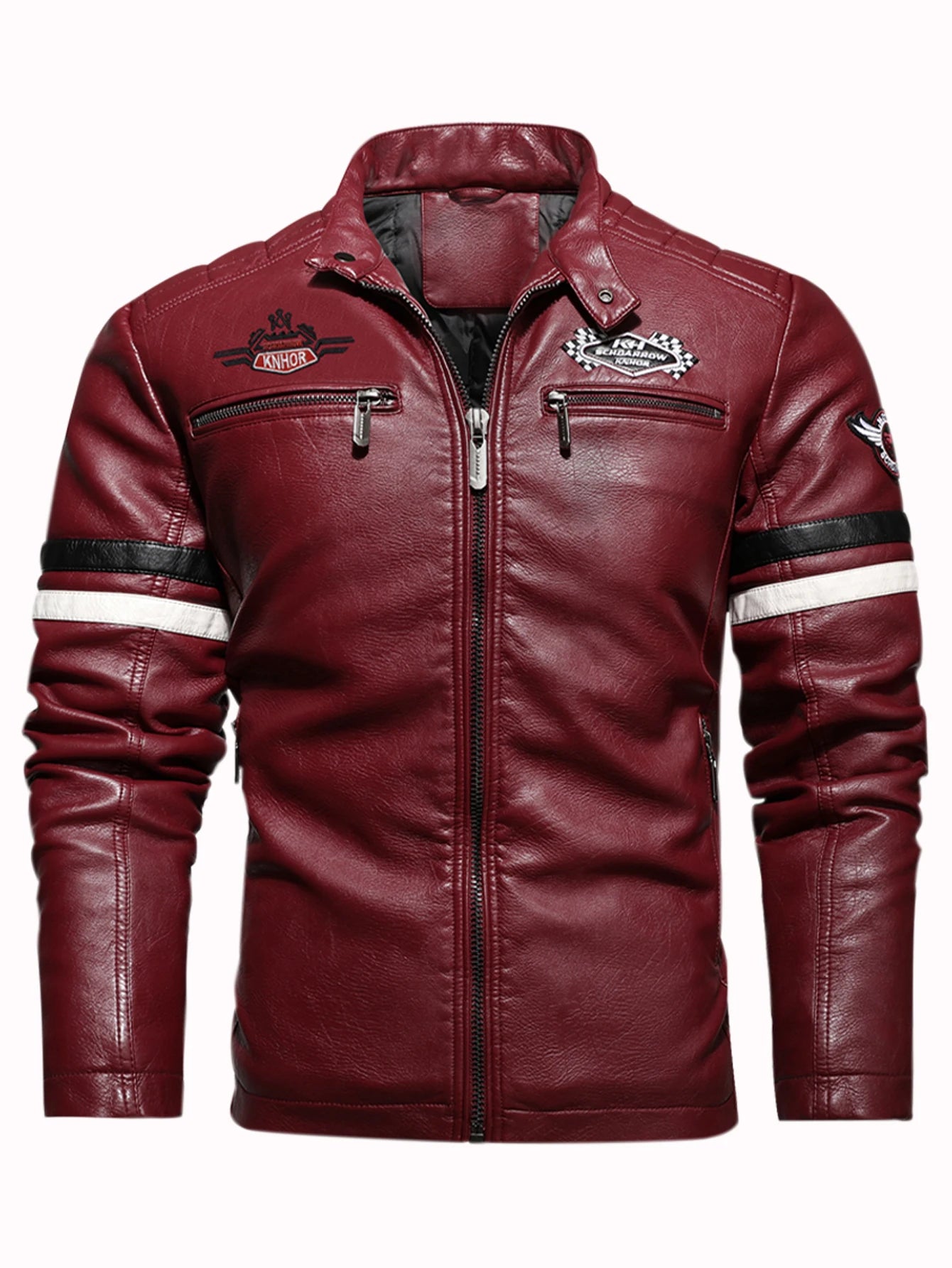 Men's PU Leather Biker Jacket With Embroidered Panels