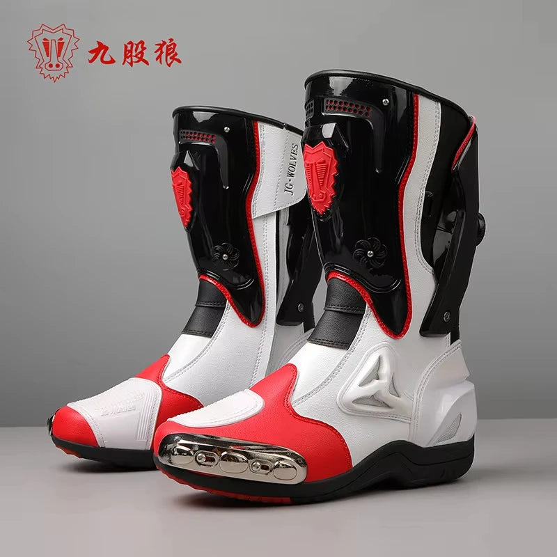 D111-Red Color Men’s Motorcycle Riding Boots With Metal Toe Cap