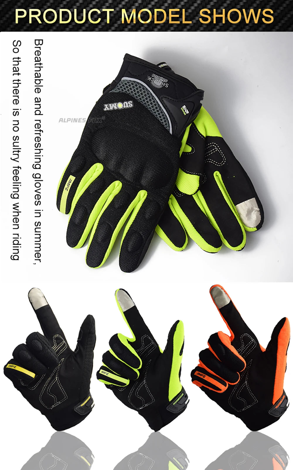 SUOMY Breathable Full Finger Racing Motorcycle Gloves Quality Stylishly Decorated Antiskid Wearable Gloves Large Size XXL Black