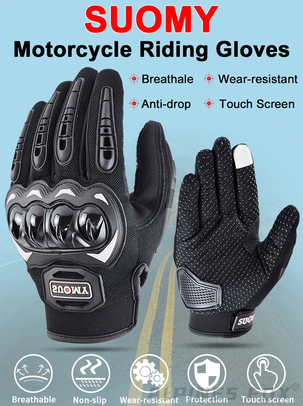 SUOMY Breathable Full Finger Racing Motorcycle Gloves Quality Stylishly Decorated Antiskid Wearable Gloves Large Size XXL Black