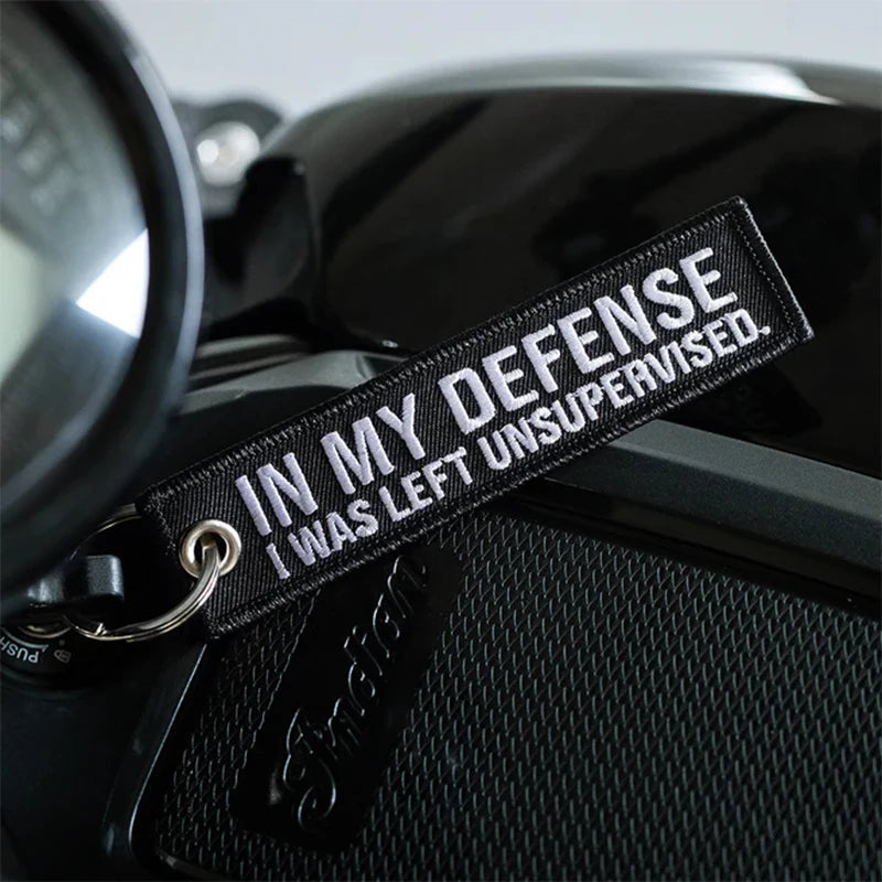 Funny Embroidered Keychain Tag – In My Defense Quote
