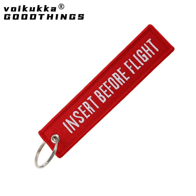 Remove Before Flight Embroidered Red Keychain Tag