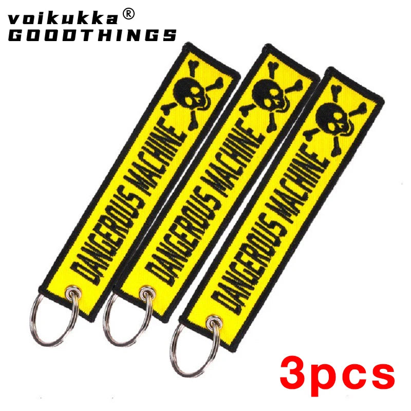 3pcs Color Dangerous Machine Double-Sided Yellow Embroidered Keychain