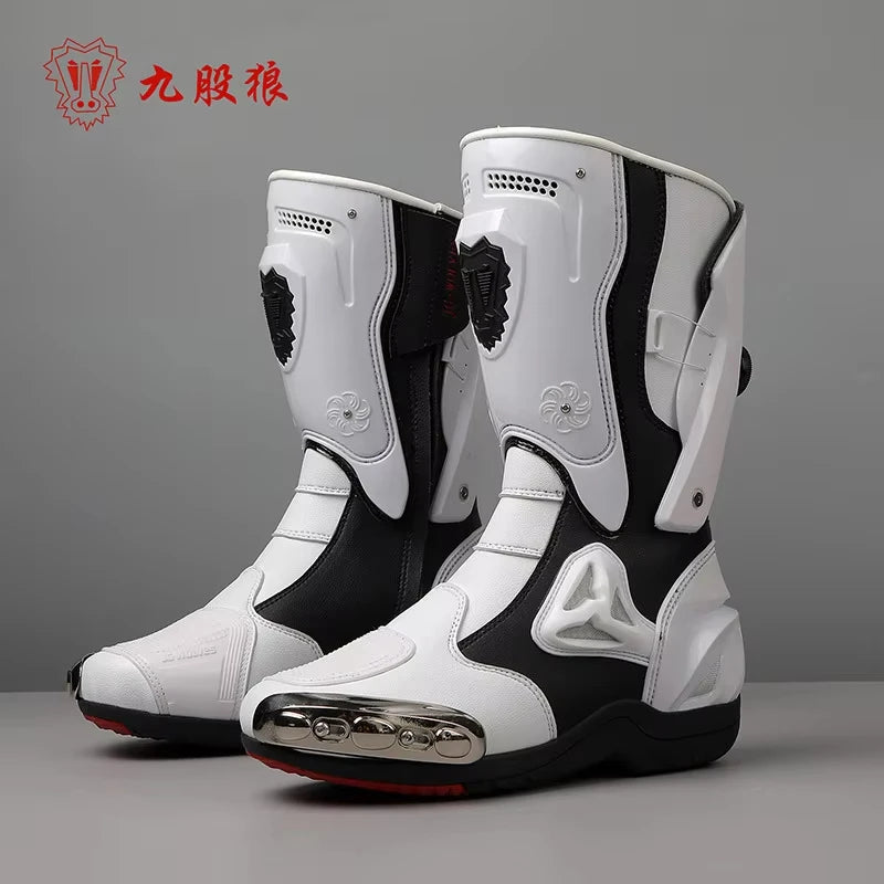 D111-White Color Men’s Motorcycle Riding Boots Anti-Slip Waterproof