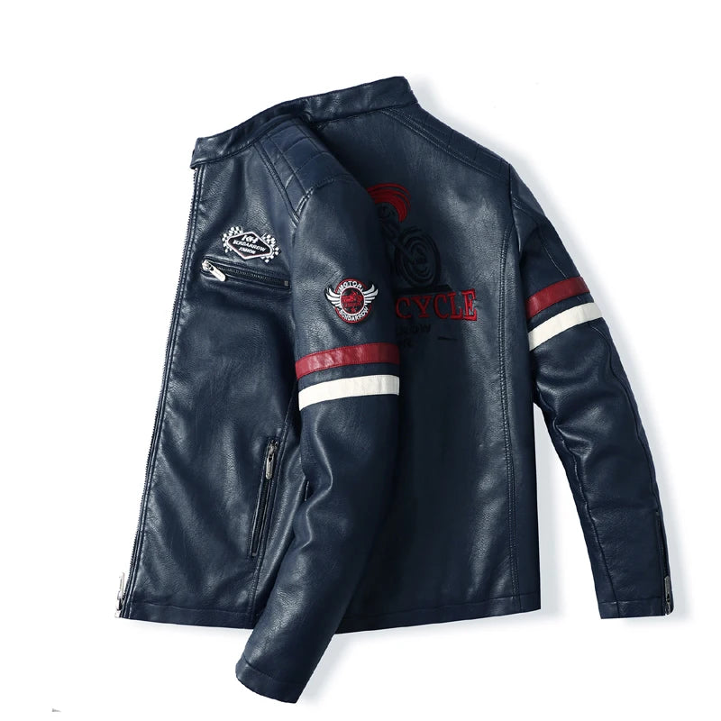 Men's PU Leather Biker Jacket With Embroidered Panels