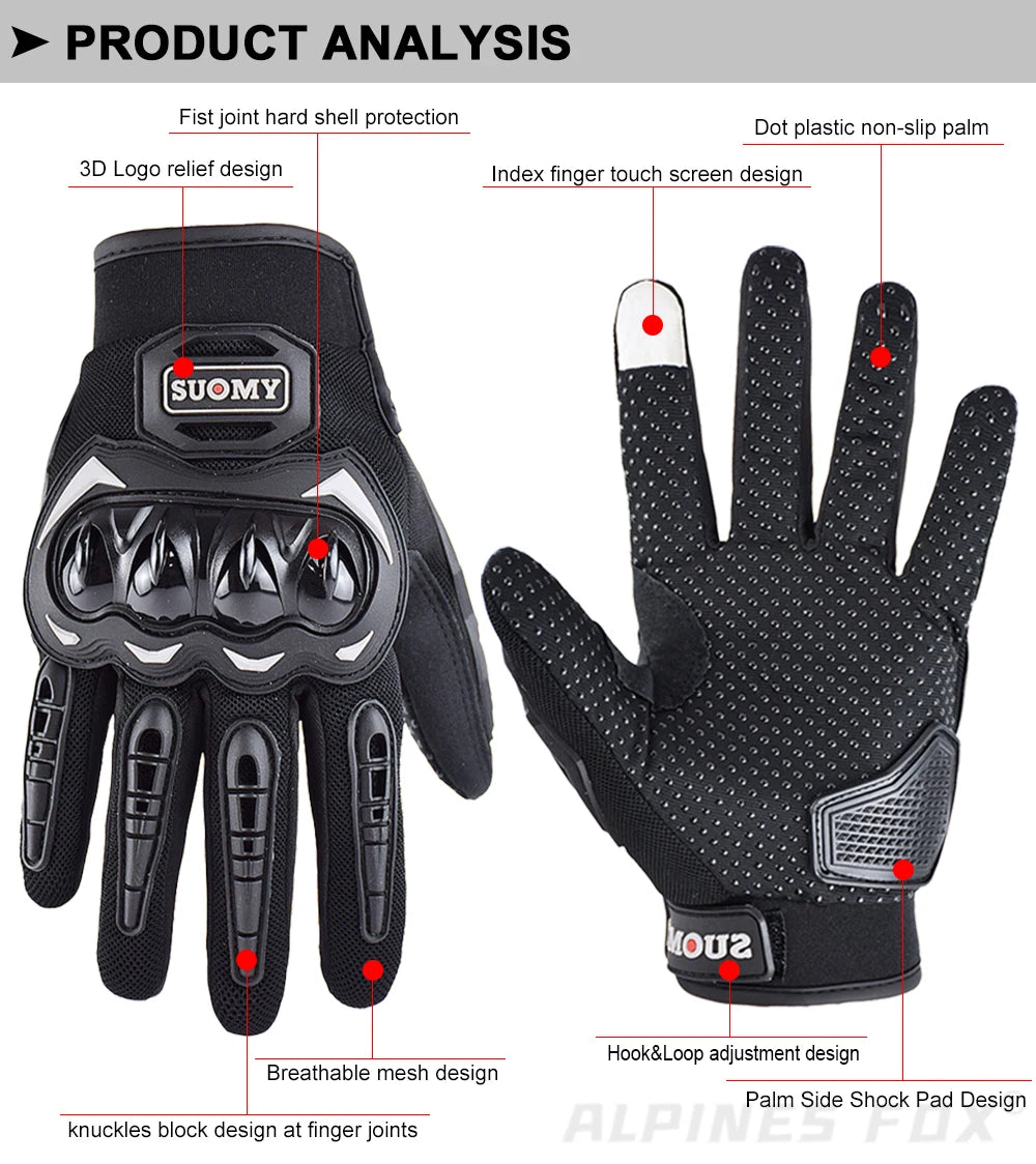 SUOMY Breathable Full Finger Racing Motorcycle Gloves Quality Stylishly Decorated Antiskid Wearable Gloves Large Size XXL Black