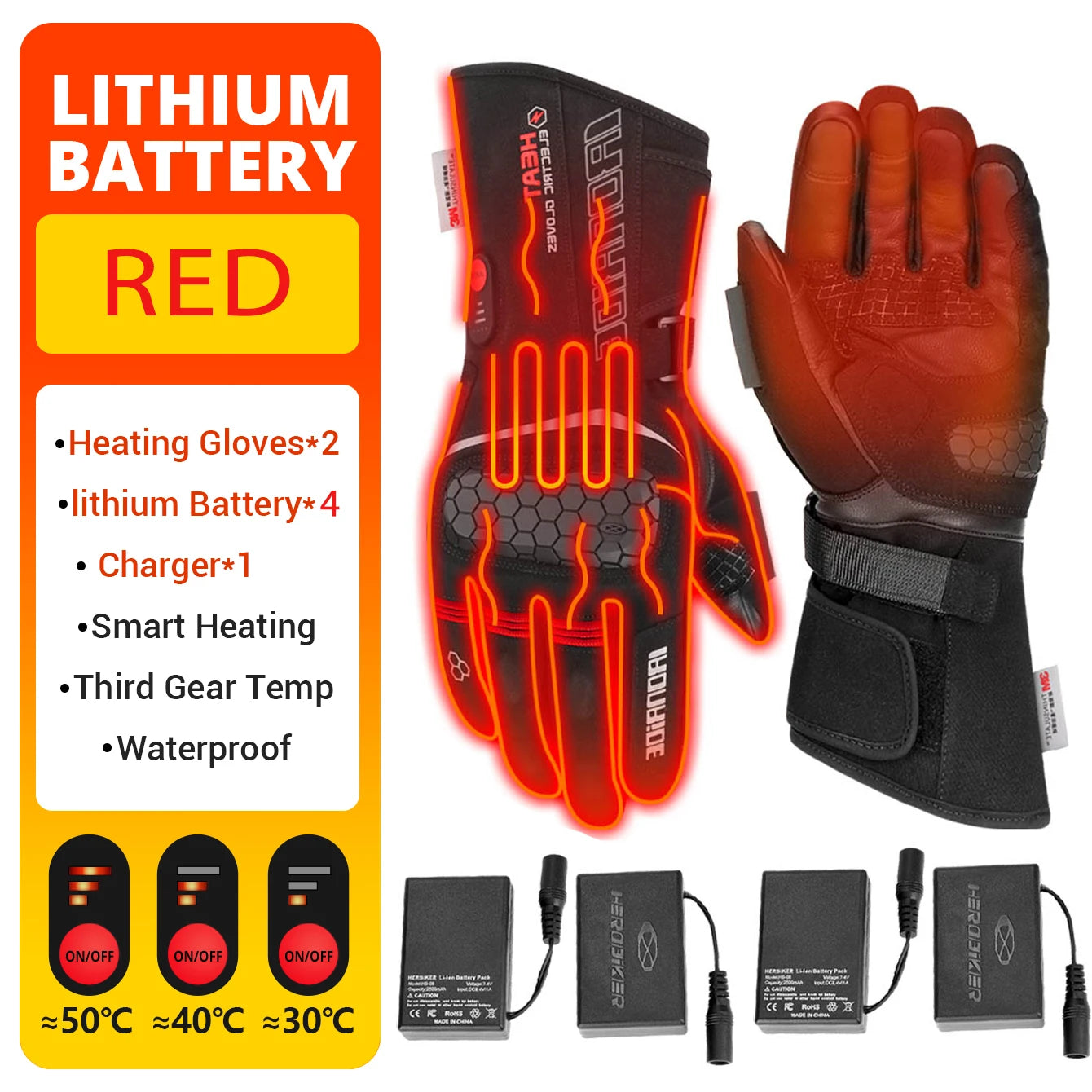 1910 4 Battery RD-1 Color Heated Motorcycle Riding Gloves Waterproof With Touch Screen