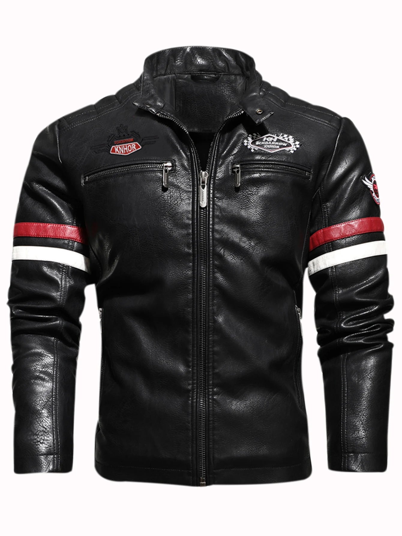 black Color Men's PU Leather Biker Jacket With Embroidered Panels