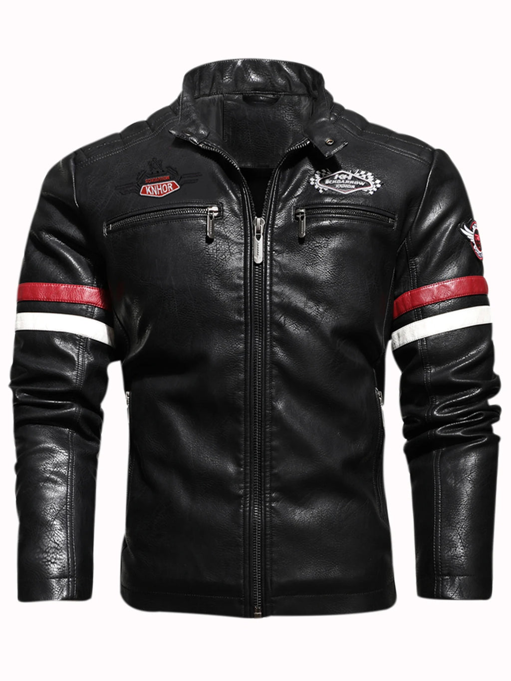 Men's PU Leather Biker Jacket With Embroidered Panels