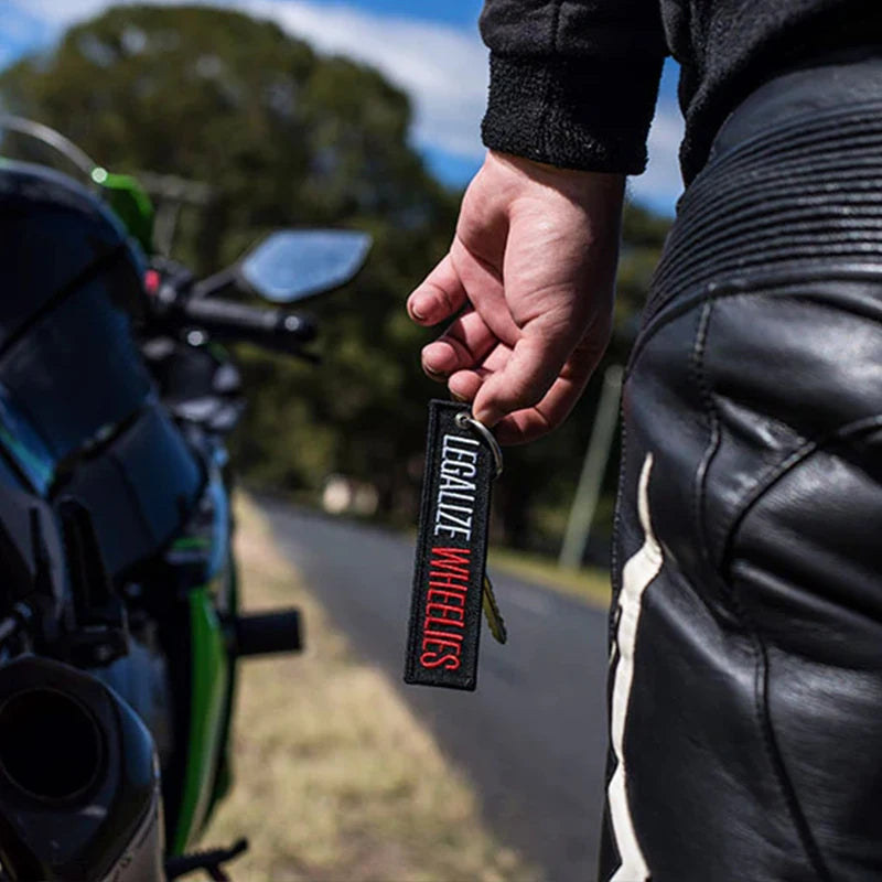 Legalize Wheelies Embroidered Motorcycle Keychain Tag
