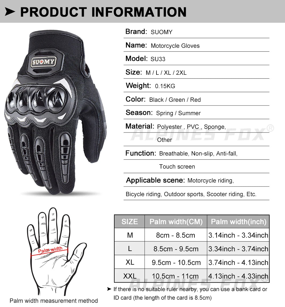 SUOMY Breathable Full Finger Racing Motorcycle Gloves Quality Stylishly Decorated Antiskid Wearable Gloves Large Size XXL Black