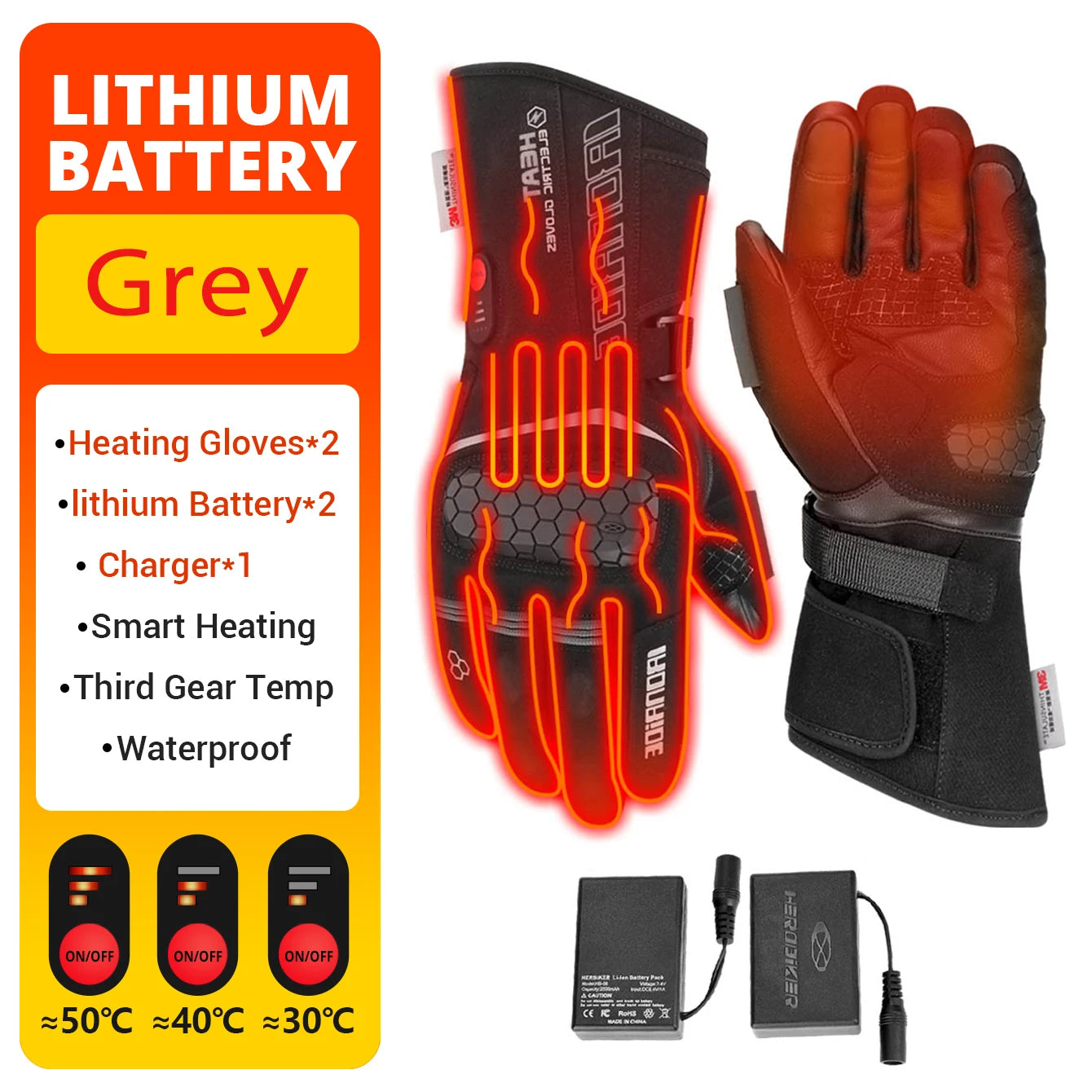 1910 2 Battery GR-1 Color Heated Motorcycle Riding Gloves Waterproof With Touch Screen