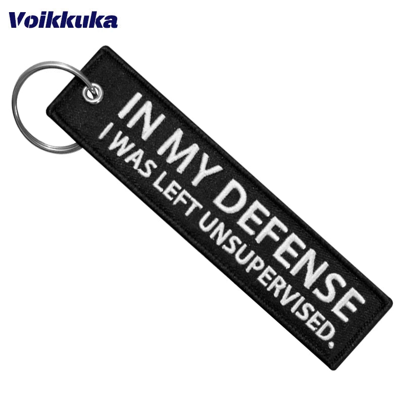 Funny Embroidered Keychain Tag – In My Defense Quote