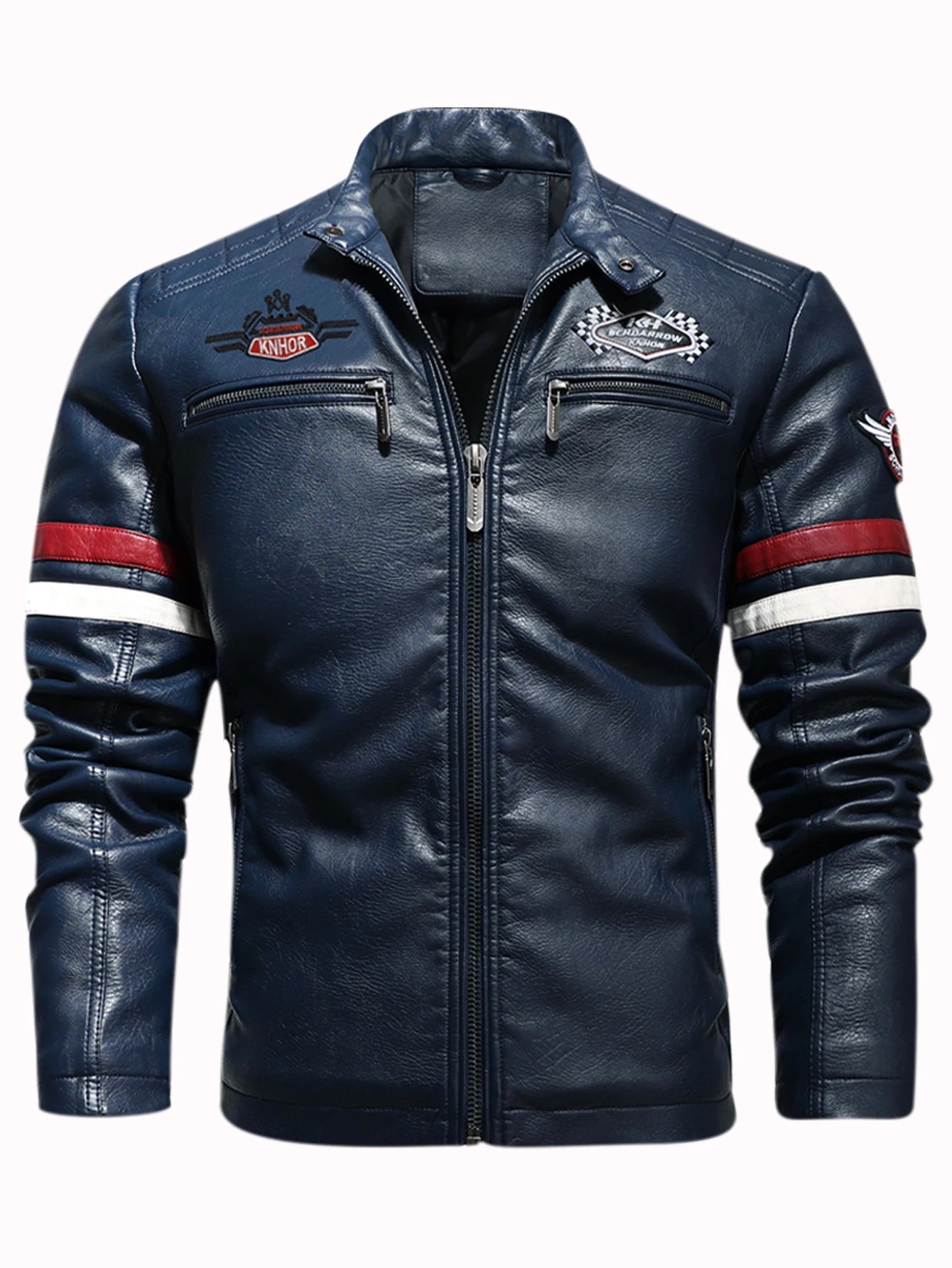 Men's PU Leather Biker Jacket With Embroidered Panels