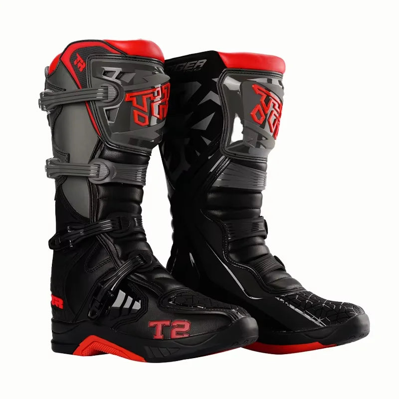 T2-Red Color Unisex Motocross Motorcycle Boots With Ankle Protection