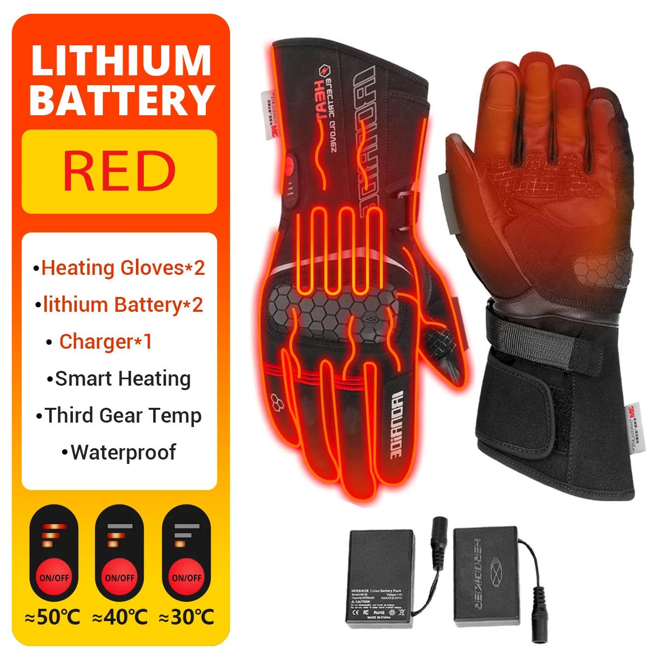 1910 2 Battery RD-1 Color Heated Motorcycle Riding Gloves Waterproof With Touch Screen