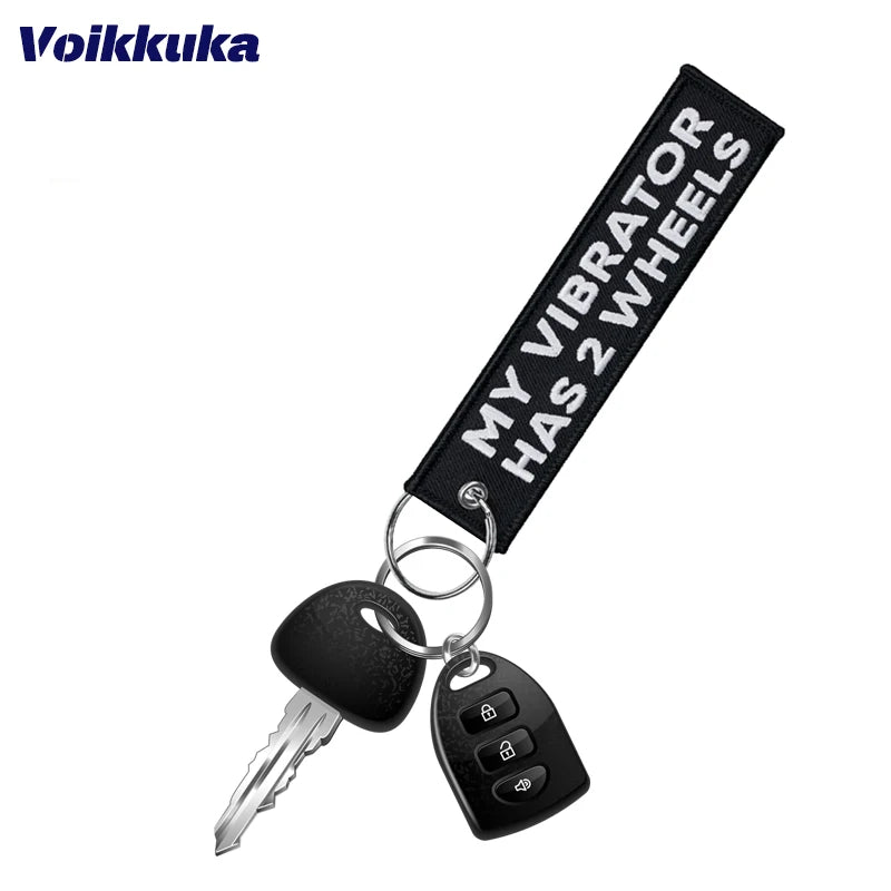 Funny Motorcycle Keychain Tag With Embroidered Text