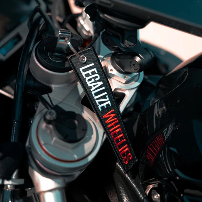 Legalize Wheelies Embroidered Motorcycle Keychain Tag