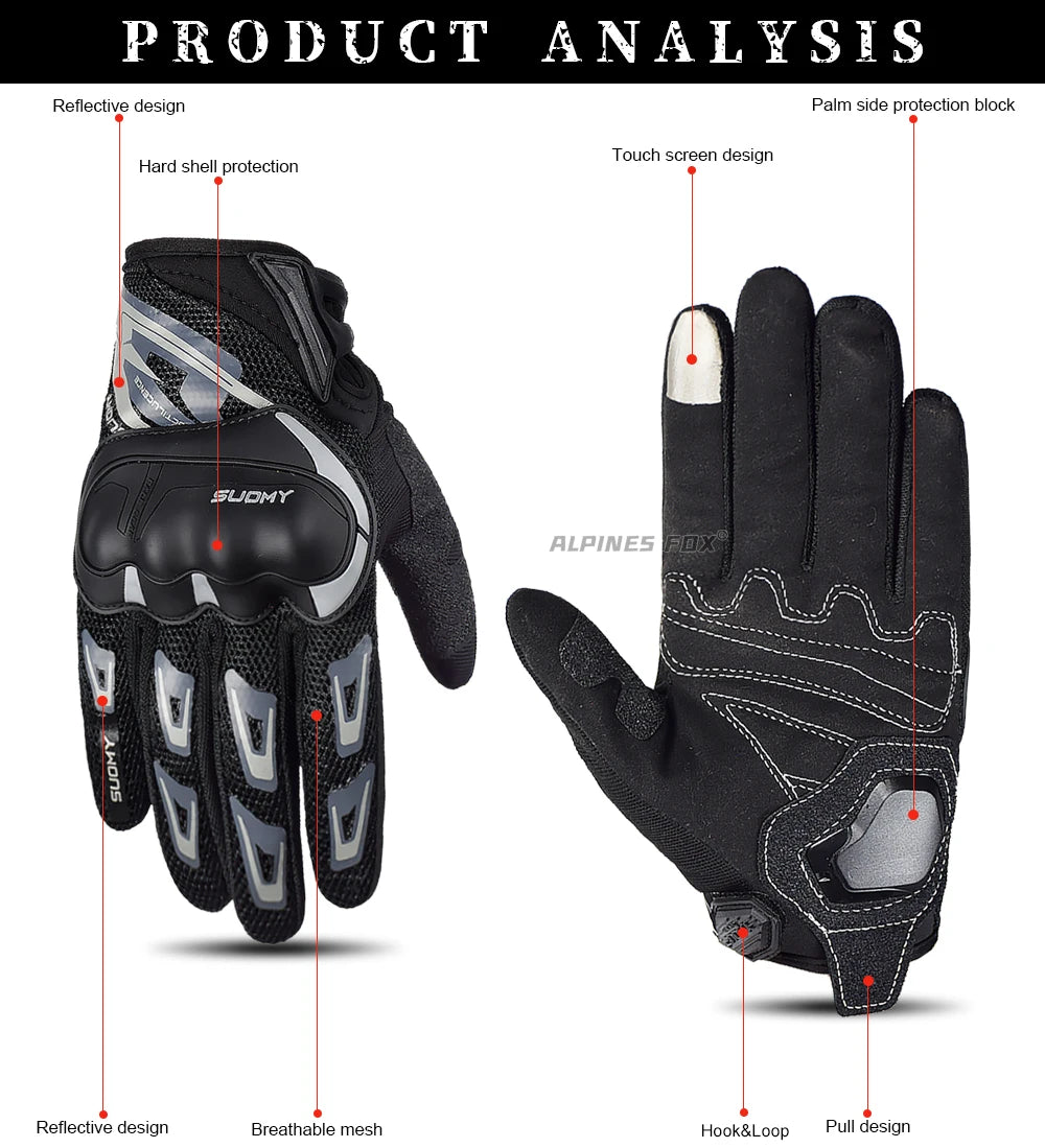 SUOMY Breathable Full Finger Racing Motorcycle Gloves Quality Stylishly Decorated Antiskid Wearable Gloves Large Size XXL Black