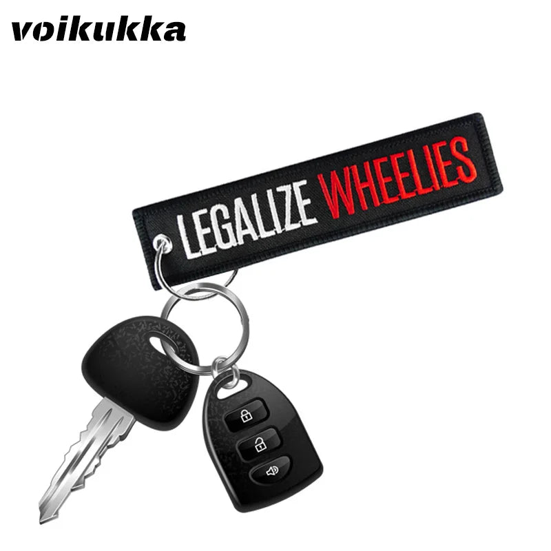 Legalize Wheelies Embroidered Motorcycle Keychain Tag